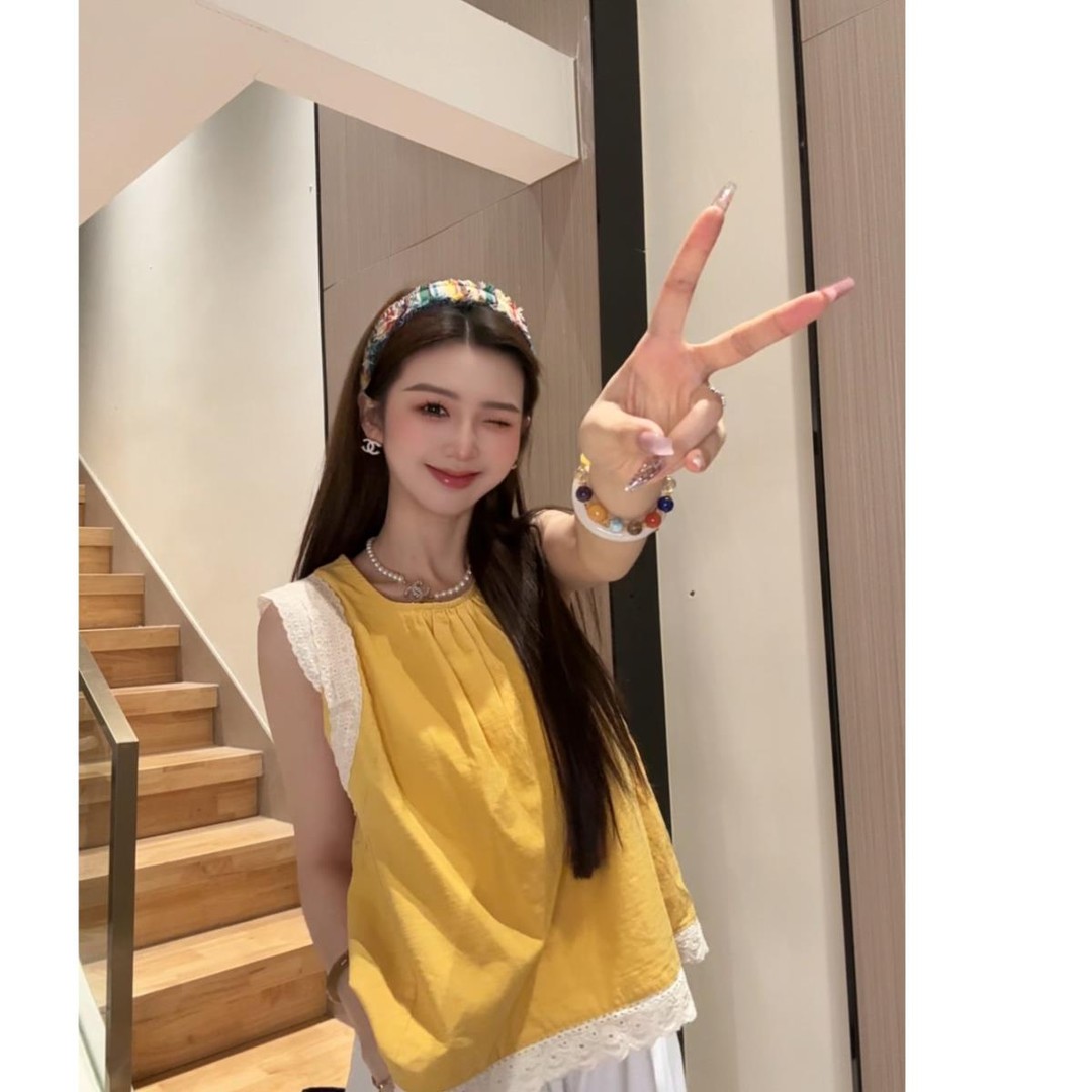 蕾丝花边拼接无袖衬衫女夏季设计感娃娃衫小个子气质甜美小衫上衣