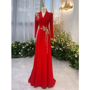 红色主持人礼服秋冬长袖2025新款独唱高端演出服声乐艺考端庄大气