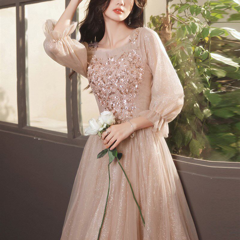 香槟色晚礼服高端轻奢小众18岁生日成人礼裙主持人声乐独唱连衣裙