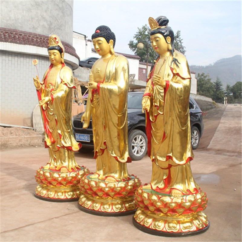 好货寺庙树脂神像 2米1站东方三圣佛像 贴金日光月光如来药师佛