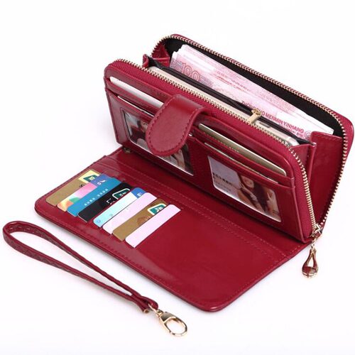 Women Long Zipper Oil Wax Wallet Big Capacity Hasp Zipper Pu