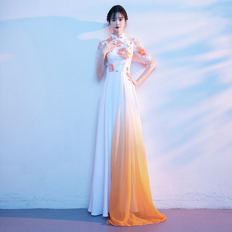 古筝演奏演出服女中国风弹琵琶二胡服装大合唱团指挥长裙成人主持