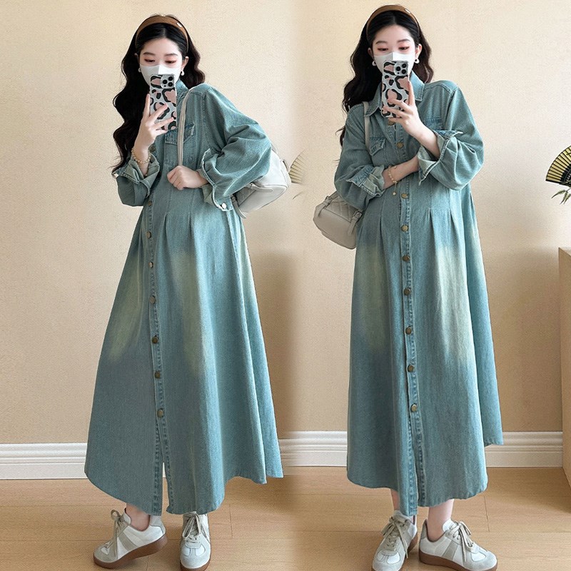 好货孕妇连衣裙春秋款2025新款港风孕妇装宽松翻领牛仔裙时尚裙子
