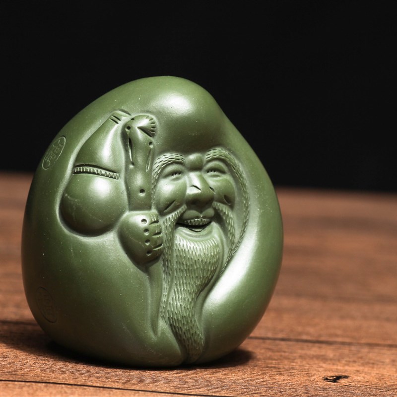 好货宜兴紫砂壶茶玩茶宠雕塑原矿绿泥手持摆件茶具盖托寿星公福禄