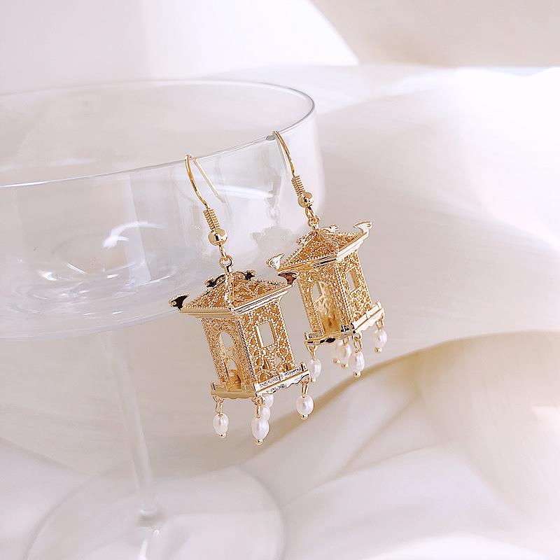 极速水墨亭台复g古宫廷耳坠长珍珠耳环2021新款潮气质女个性耳饰