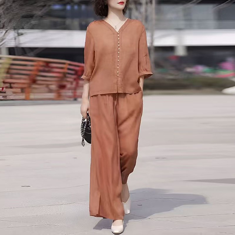 速发中老年女装妈妈休闲棉麻套装2025夏季新款洋气宽松上衣亚麻两