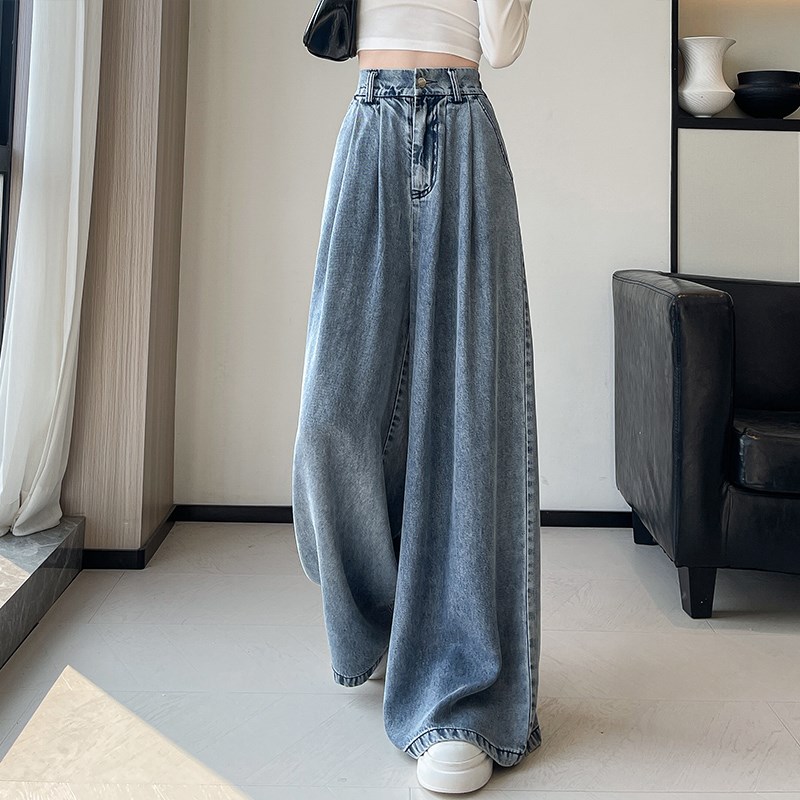 速发复古天丝牛仔裤女夏季薄款高腰宽松显瘦垂坠感阔腿裤裙拖地长