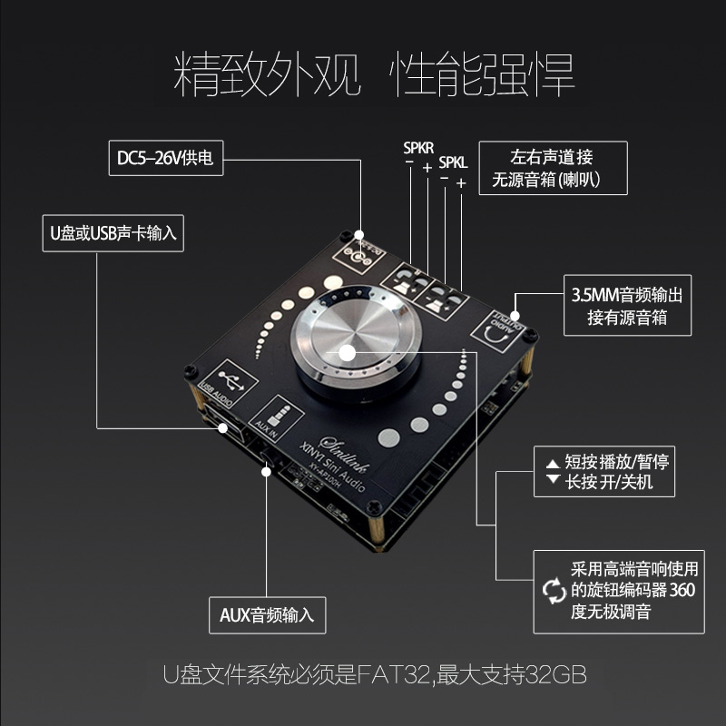 极速蓝牙音响模块带功放 纯数字uD类100W hifi大功率12v通用双声