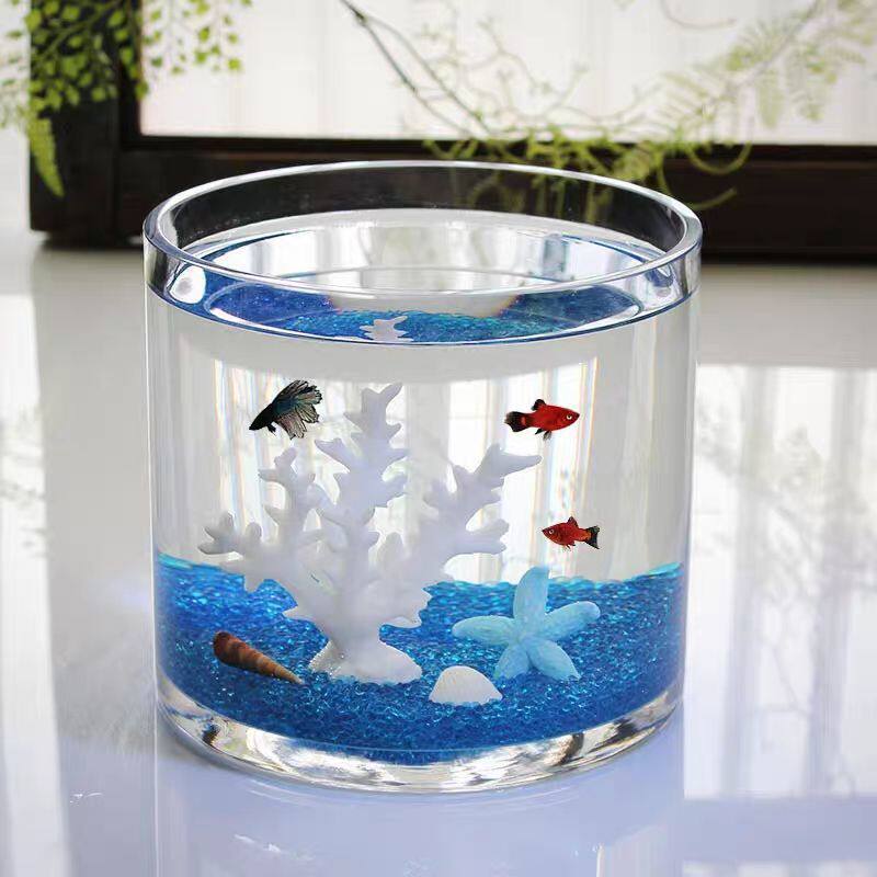 极速圆柱形鱼缸一体成型客厅x办公室桌面简易水培造景透明玻璃鱼