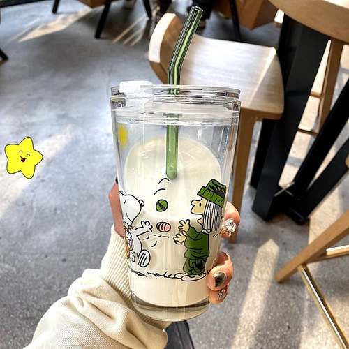 极速ins风玻璃杯带盖子吸管杯宝宝水杯带刻度网红男女Z学生牛奶杯