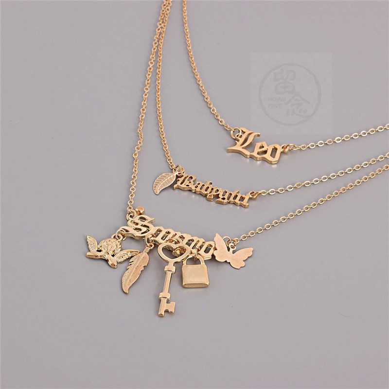 -Jewelry tend Multilayer Padlock Key Feather Butterfly Angel