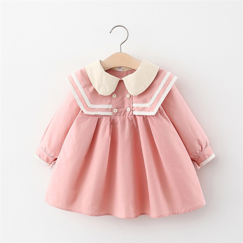 1-5岁女童学院风连衣裙春秋装3海军风4娃娃领公主裙2宝宝洋气裙子