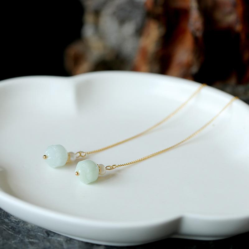 耳款线长耳环气质女耳饰玉和田金翡翠天然耳坠流苏包珍珠高级感风