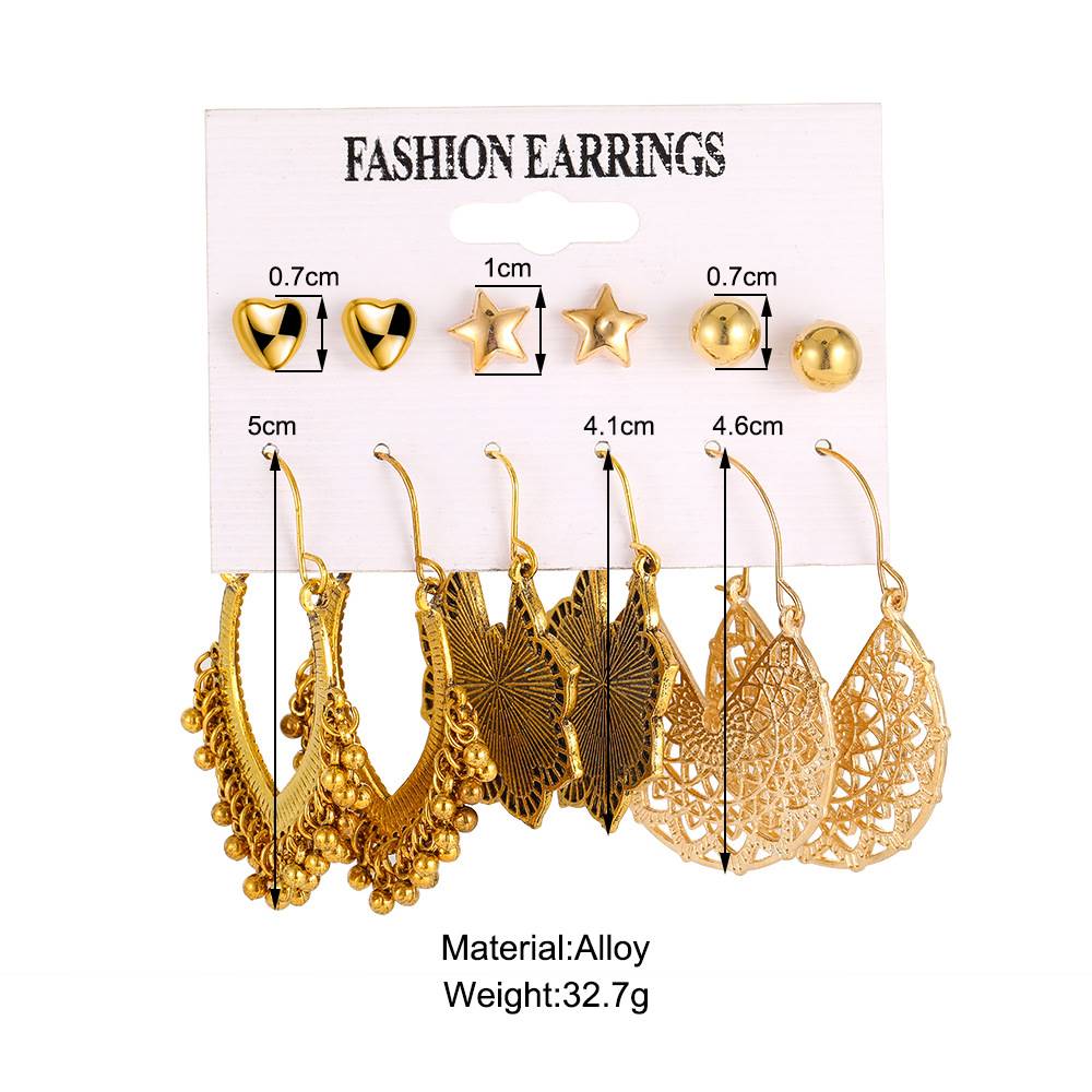 Earring Set 6Piece set耳环套组6件套民族风雕花耳坠五角星耳针