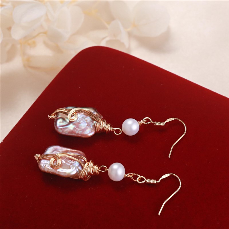 珍珠耳环巴洛克淡水女耳饰气质复古异形高级感耳坠钩绕线新款轻奢