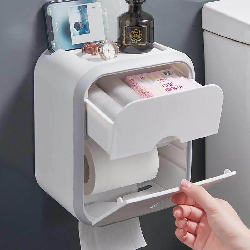极速壁挂式大容量双层纸巾架浴室防水塑料PP带抽屉置物架卷筒卫生