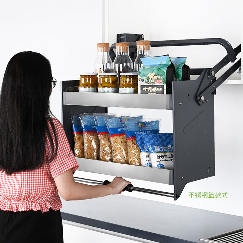 新品橱柜吊柜升降拉篮厨房缓冲下拉式拉篮橱柜升降置物调味拉篮