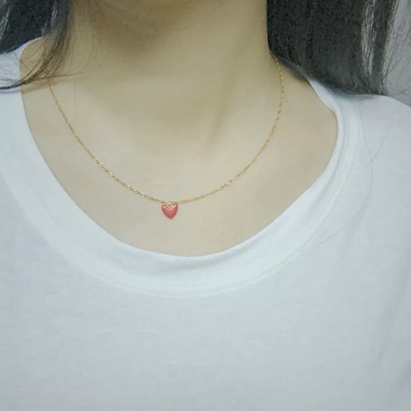 ahkah深田恭子纯银项链女 珊瑚小红心爱心锁骨链桃心吊坠