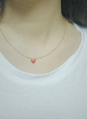 ahkah深田恭子纯银项链女 珊瑚小红心爱心锁骨链桃心吊坠