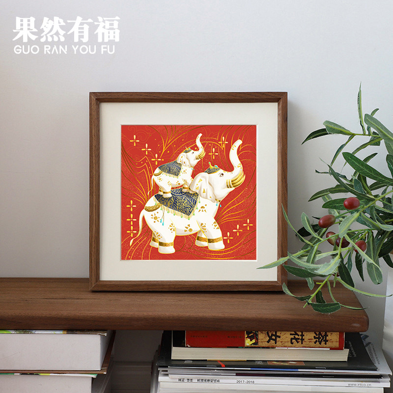 好货果然有福大象入户玄关装饰画客厅中式九鱼图吉祥六牙白象实木