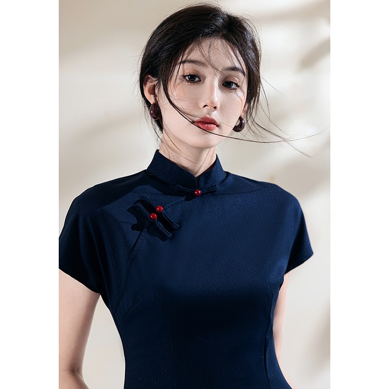 好货新中式国风蓝色旗袍女老上海民国纯色文艺复古简约气质日常连