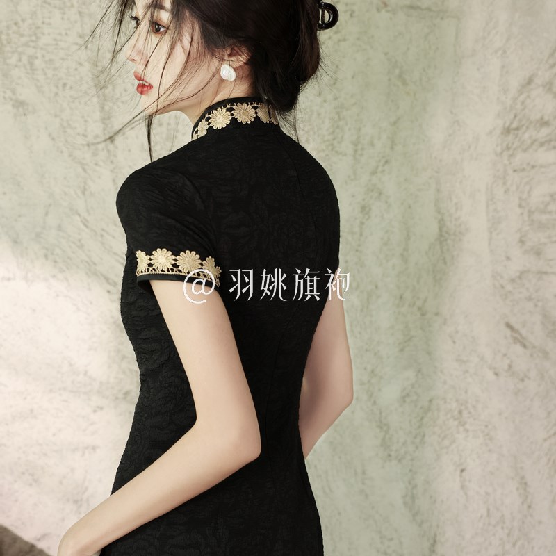 好货新中式黑色旗袍女老上海中国风蕾丝拼接高端复古显瘦日常走秀