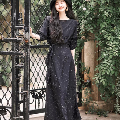 100%桑蚕丝圆领连衣裙法式赫本风