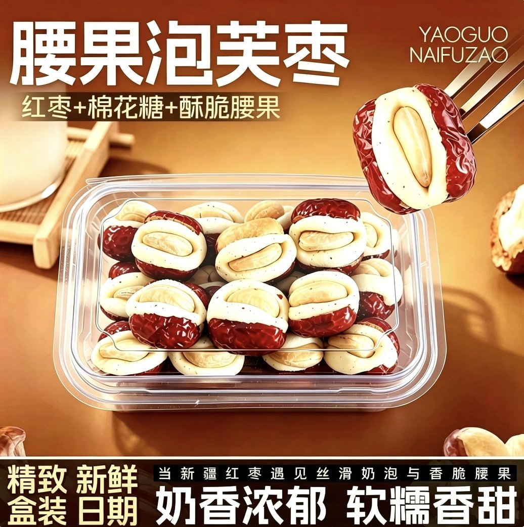 精选腰果泡芙枣新疆红枣无核夹心软糯可口果脯蜜饯休闲小零食盒装