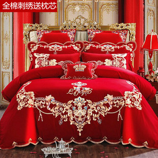 新品 全棉结婚四件套大红新婚房喜庆龙凤绣花被六八十多件套纯棉床