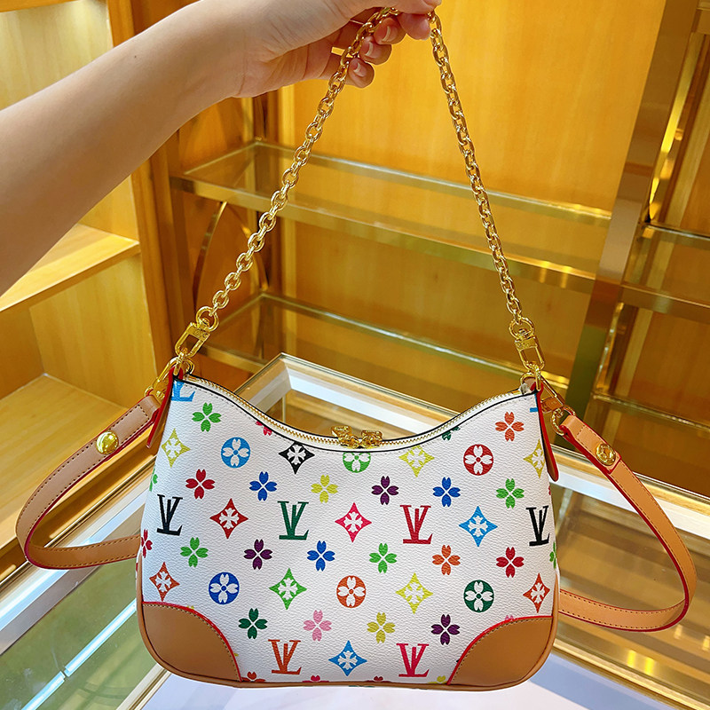 法式腋下包女斜挎包高级2025新款真皮链条手提老花时尚牛角单肩包