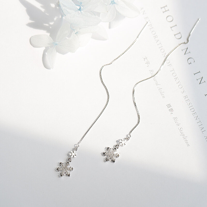 热销银致S925银雪花耳线女简约气质百搭耳坠耳钉流苏长款耳环饰品