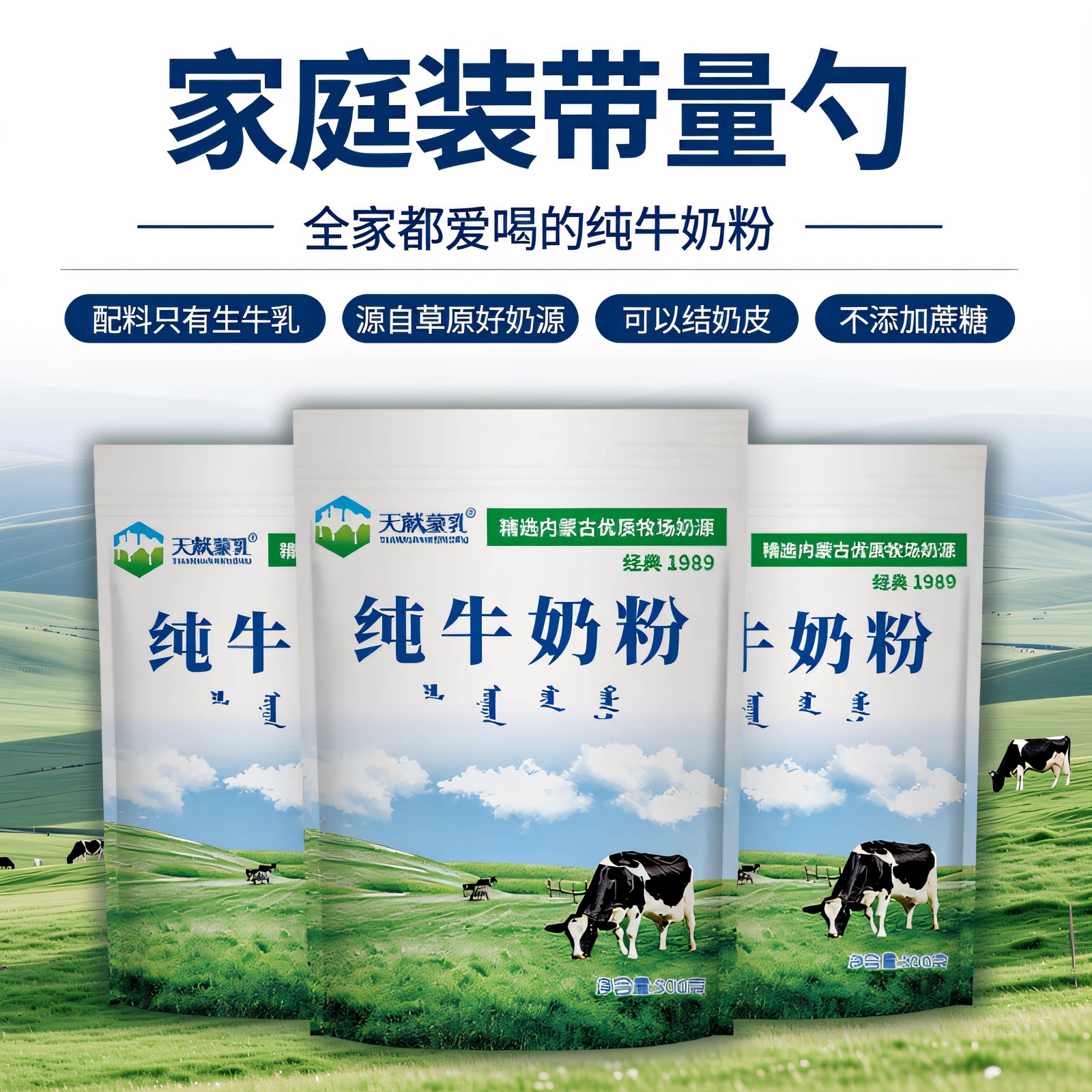 内蒙纯牛奶粉500g全脂无添加无蔗糖烘焙食材料儿童中老年冲饮早餐