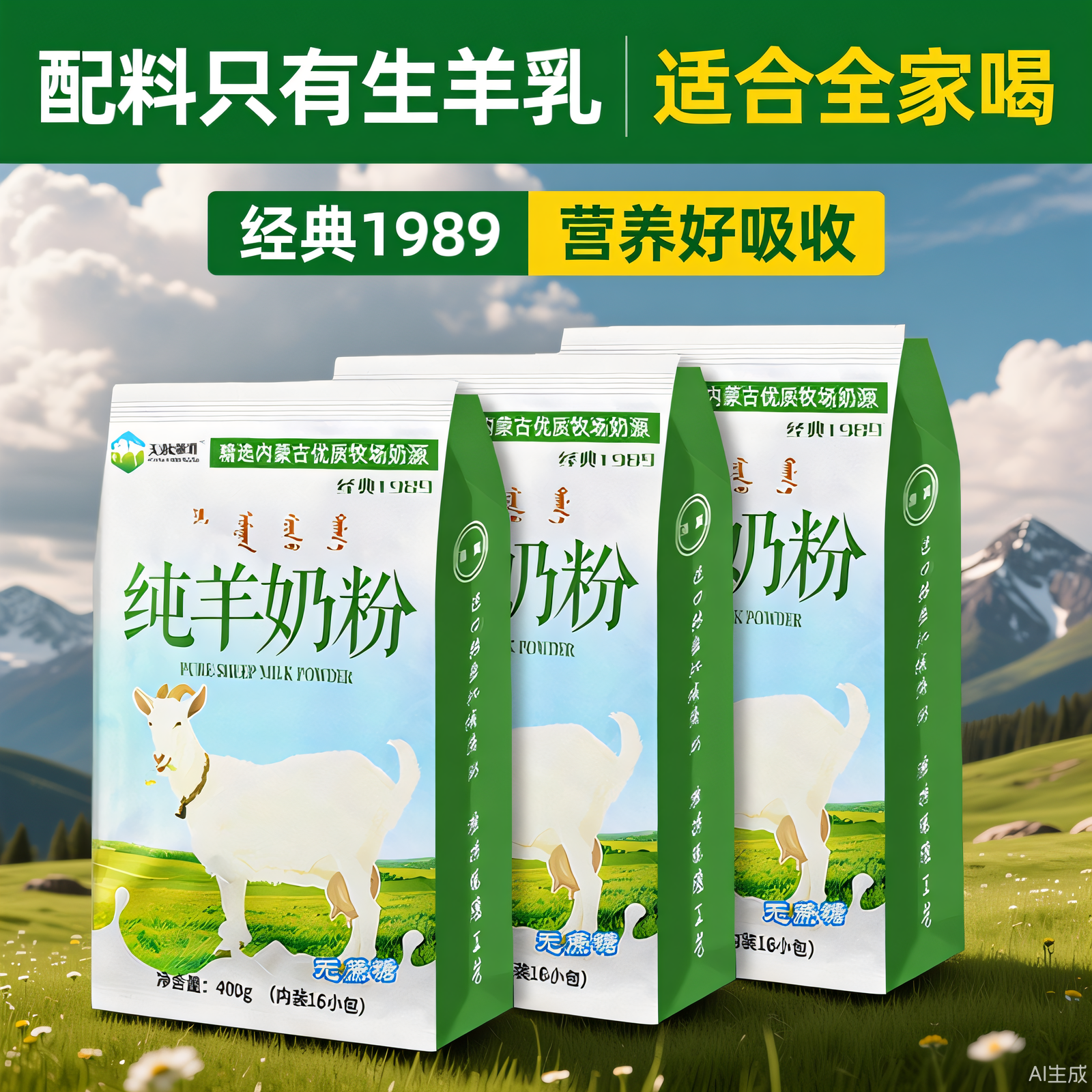 内蒙古纯山羊奶粉400克全脂无蔗糖无添加儿童中老年成人冲饮早餐