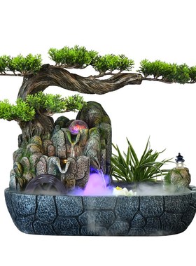 仿真迎客松山水盆景假山流水喷泉摆件玄关办公室循环水造景