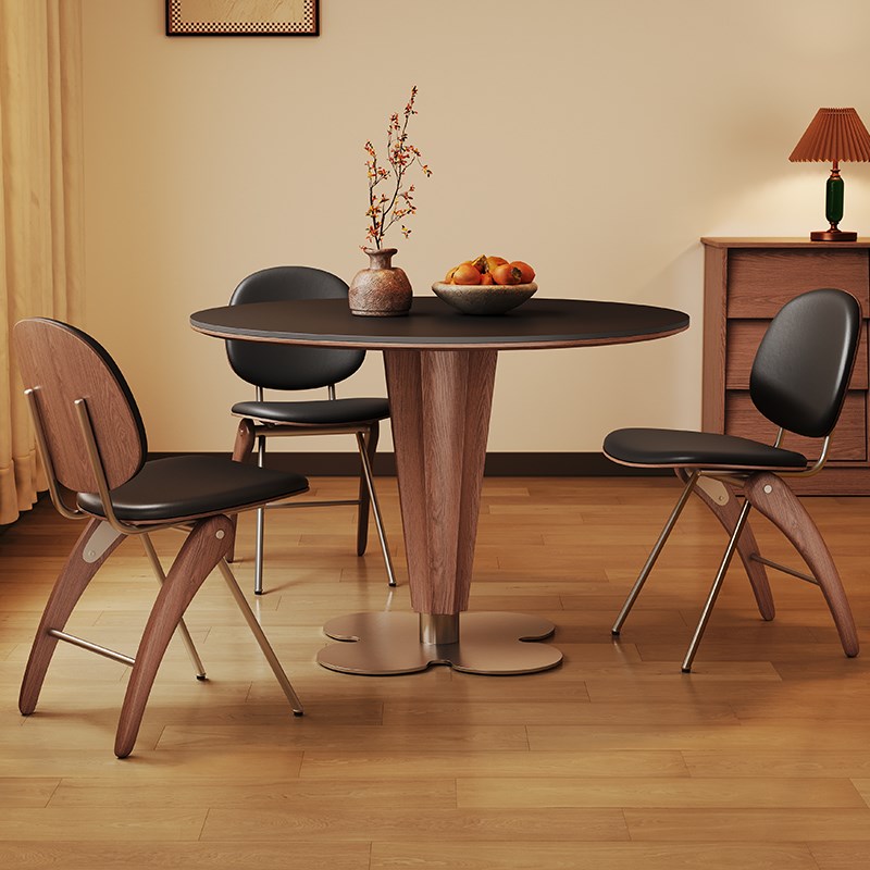 实木餐桌圆桌家用小户型洽谈1米2D圆形意式轻奢黑色中古风岩板餐