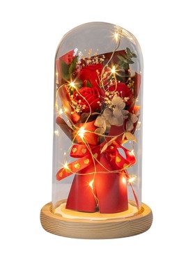 玫瑰花束玻璃罩礼物仿真花肥皂花教师节送女友闺蜜永Z生花摆件灯