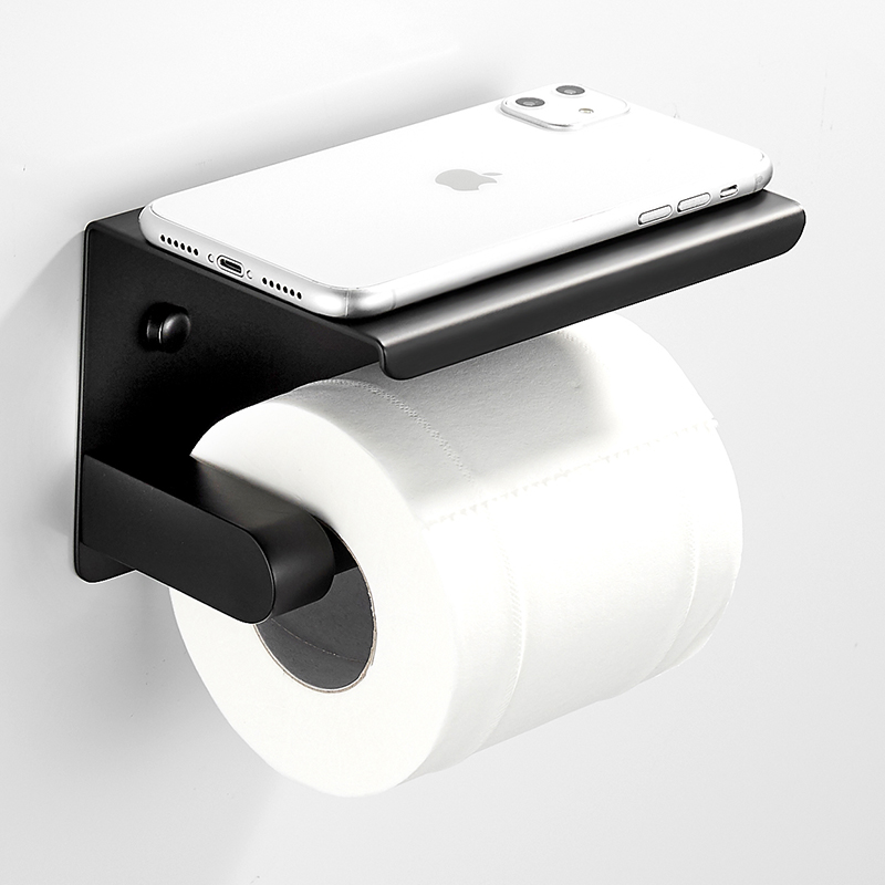 卫生间纸巾架304不锈钢手机置物架黑色免打孔壁挂式洗手间卷纸架