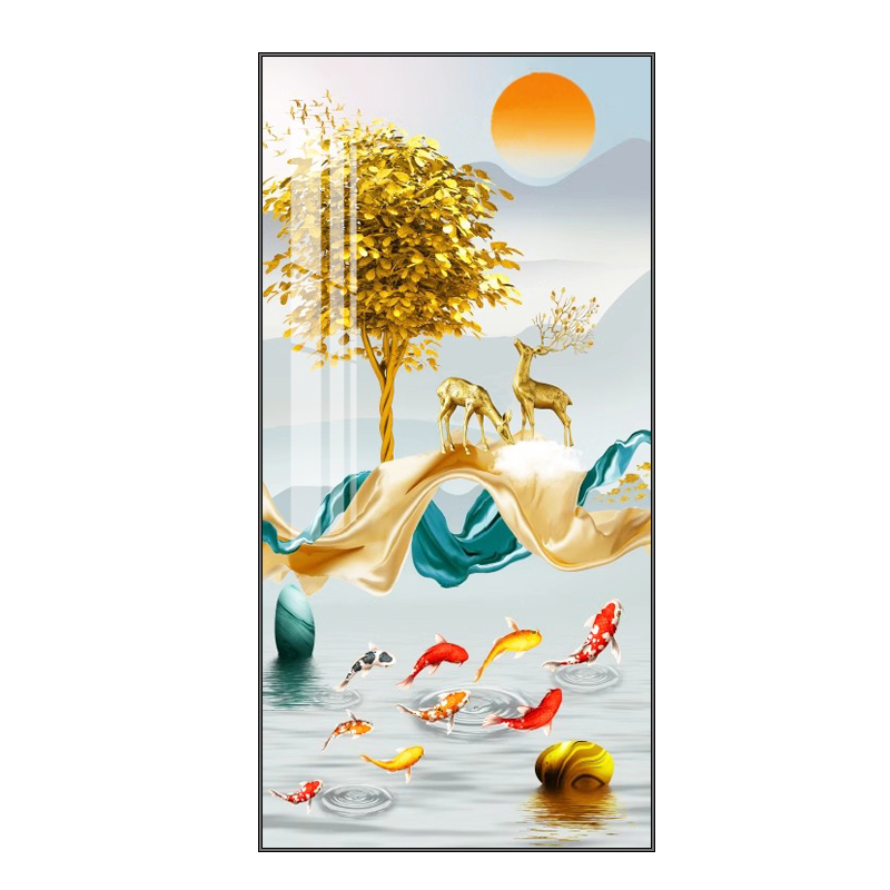 5d钻石画满钻新款客厅玄关2023点钻石绣L十字绣九鱼图轻奢简约竖