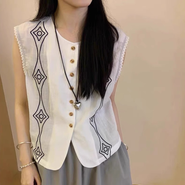 亚麻刺绣单排扣短款外套女2025新款无袖宽松防走光新中式背心马甲