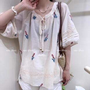 设计感宽松泡泡袖 T恤女2025新款 夏外穿上衣 短袖 圆领刺绣系带时尚