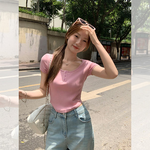 bm风纽扣设计感上衣薄 短款 纯棉圆领正肩收腰短袖 T恤女2025新款