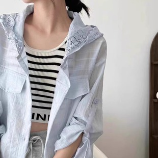 休闲宽松透气百搭防晒服小个子防晒开衫 蕾丝连帽防晒衣外套女薄款