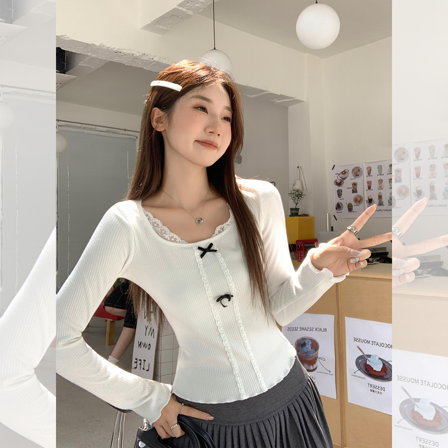 白色U领蝴蝶结撞色打底衫女修身