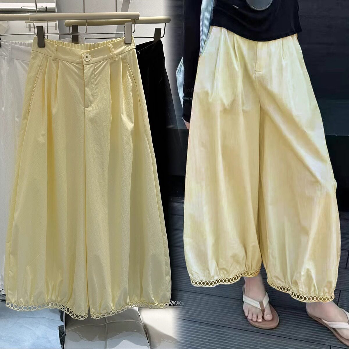 韩系纯棉镂空蕾丝花边灯笼裤阔腿裤女宽松显瘦九分高腰休闲气球裤