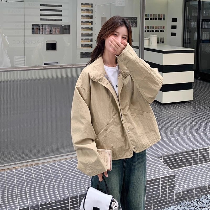 韩系两面穿拼接格子短款外套女2025秋冬新款外穿设计感工装夹克潮,女装/女士精品,短外套,淘宝优惠券,粉丝福利购,淘宝优惠卷