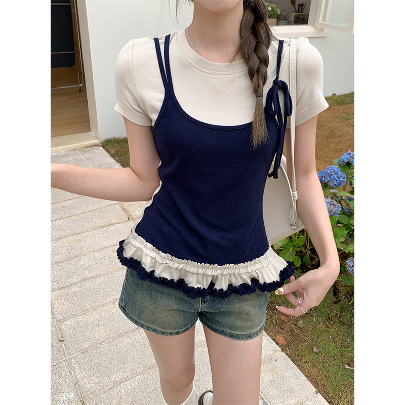 韩系撞色假两件短袖t恤女设计感