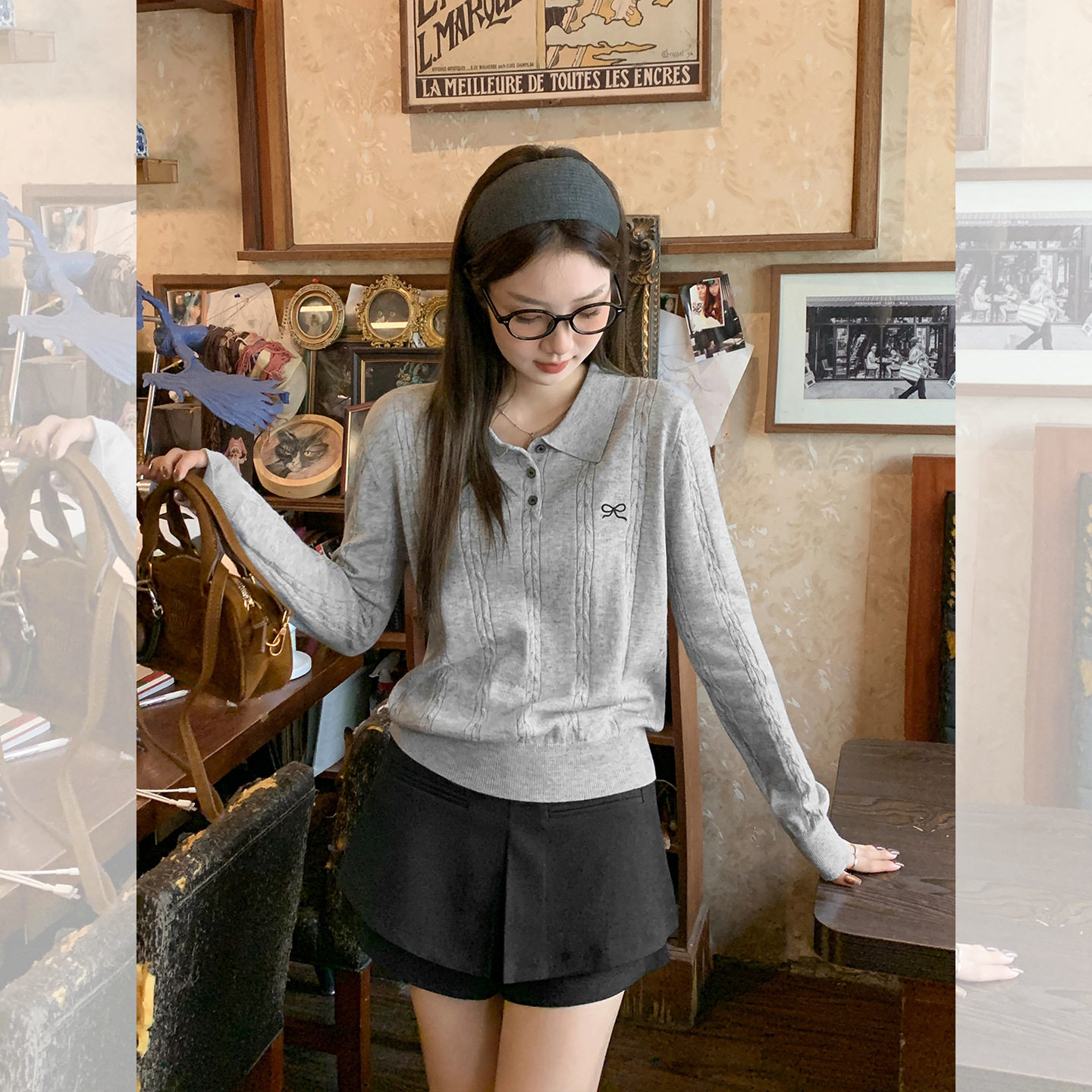 软糯条纹翻领设计感针织衫长袖女