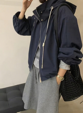 韩系抽绳休闲工装夹克外套女秋冬新款防风宽松撞色洋气设计感上衣