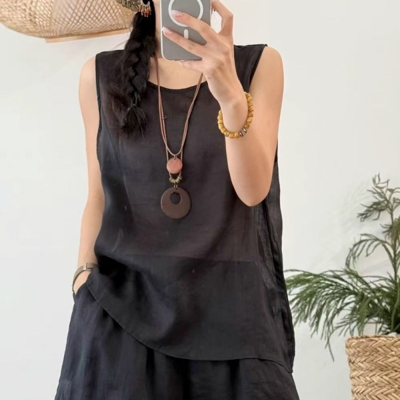 亚麻宽松薄款吊带背心阔腿裤套装