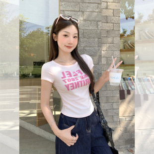 粉色字母印花正肩软糯短袖 夏日穿搭气质超好看上衣 女2025新款 修身